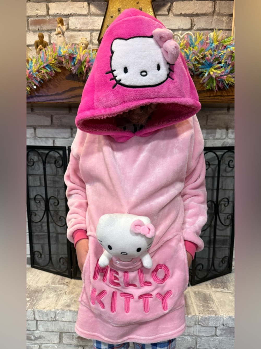 Hello Kitty Pink Plush Hooded Kids Poncho with Pocket Plush Toy
